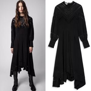 Zadig & Voltaire Rozyl Silk Lace Insert Asymmetrical Hem Midi Dress - M